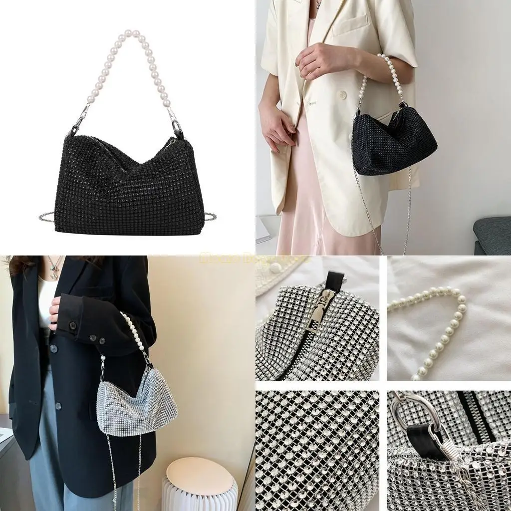 

X90D Pearl Chain Shoulder Bag for Rhinestone Underarm Bag Crossbody Bag for Wedding