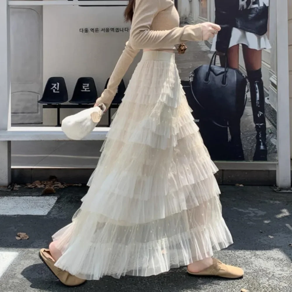 

Корейская мода, осень-зима, элегантная сетчатая юбка-тортик, женские длинные юбки трапециевидной формы из тюля с высокой талией 2025, длинные юбки миди