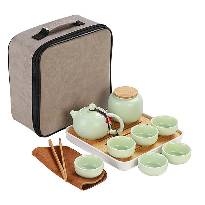 Traditional Chinese Enamel Tea Set Portable Ceramic Tea With 1 Teapot 6 Cup Tray Bag Lazy Susan Teaware Gift For Tea Enthusiasts