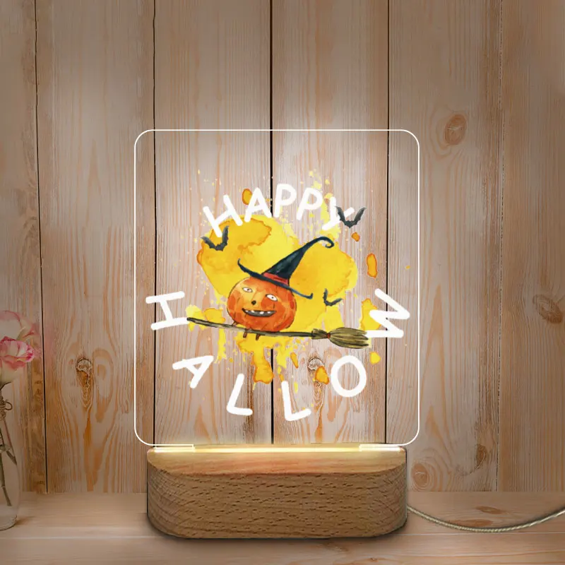 Night Lamp Personalized USB LED Color Printing Night Light For Home Baby Mother Lamps For Room Wooden Base Halloween Decoration