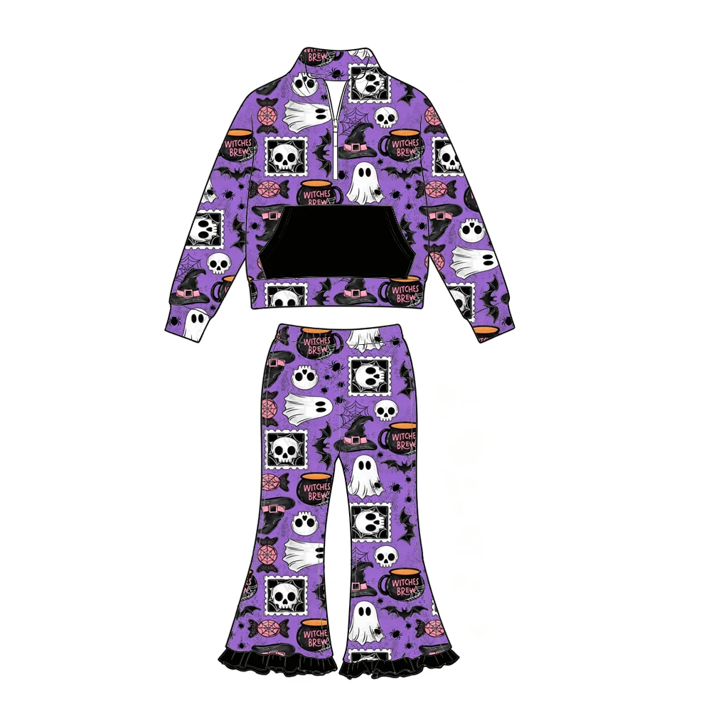 Boutique Girls' Set Stand-up Collar Long-Sleeved Top and Long Trousers Zippered Pocket Halloween Series Prints