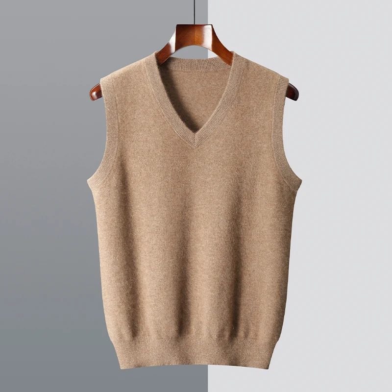 Autumn and winter new thickened 100% Merino wool pure cashmere casual vest men's V-neck wool vest all knitted sleeveless shoulde