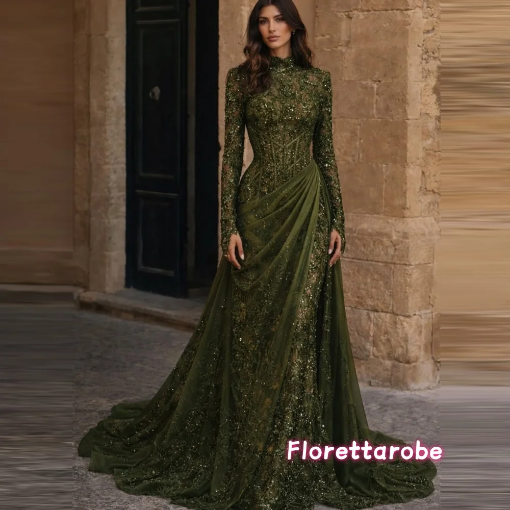 Customized Luxury Lace Sequins Prom Gown High Collar Long Sleeve Evening Dress Pleat Soft Long Formal Beads Party Dresses