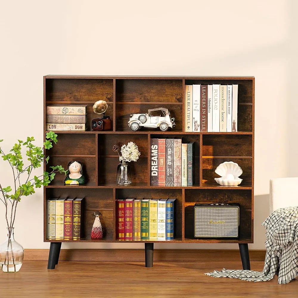 10 Cube Bookshelf with Legs, Mid-Century Modern Book Shelf, Brown Storage Organizer