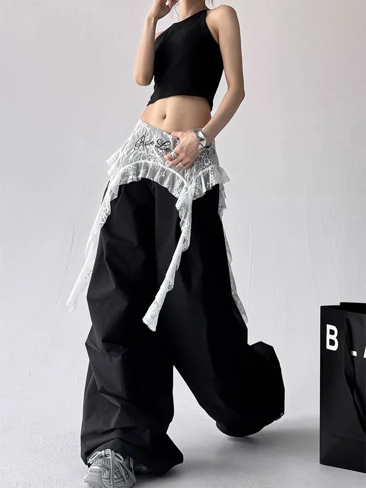 

Женские широкие брюки Y2K, уличная одежда, кружевные лоскутные брюки из двух предметов, свободные повседневные брюки в стиле хип-хоп в танцевальном стиле