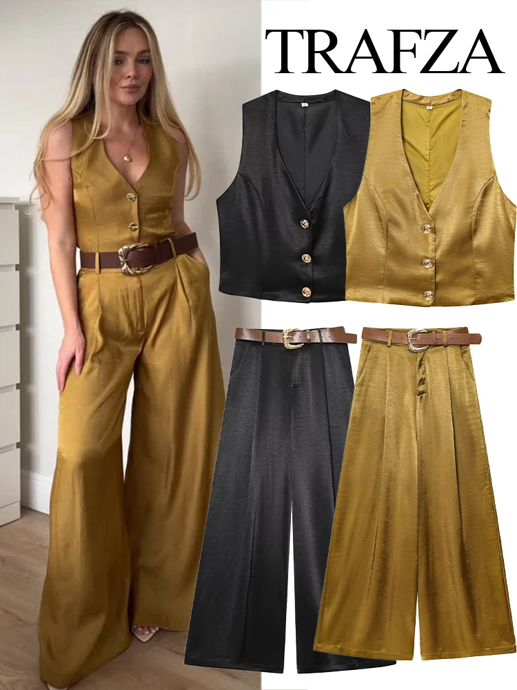 

TRAFZA Women 2025 Pant 2-Piece Set Fashion V-Neck Sleeveless Button Design Vest Top+High Waist Zipper Belt Side Pocket Trousers