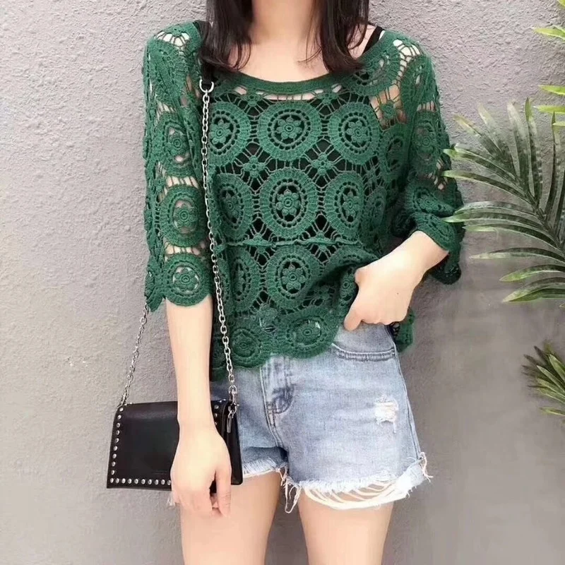 Lace Top Women\'s Short Hollow Knitted Blouse New Loose Spring and Summer Round Neck Five-point Sleeve Handmade Sweater Female