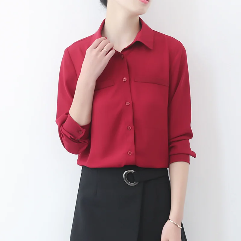 Simple Solid Color Loose Women\'s Chiffon Shirt 2023 Spring New Fine Long Sleeve Casual Blouses and Tops Lady OL Office Shirts