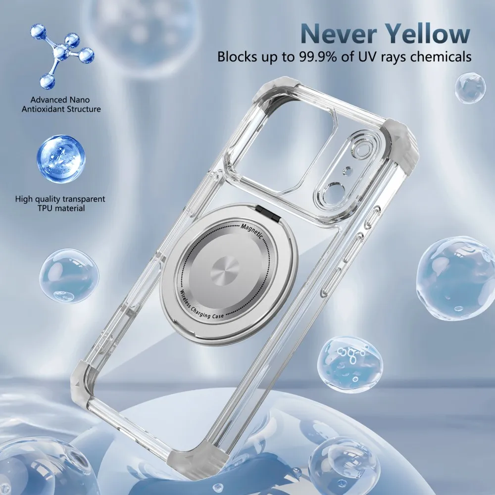 iPhone 17 Pro Max/17/Air/17 Pro Max用 透明 マグネット式 360°保護ケース ° 回転金属リングカーホルダー落下防止ケース Fundas