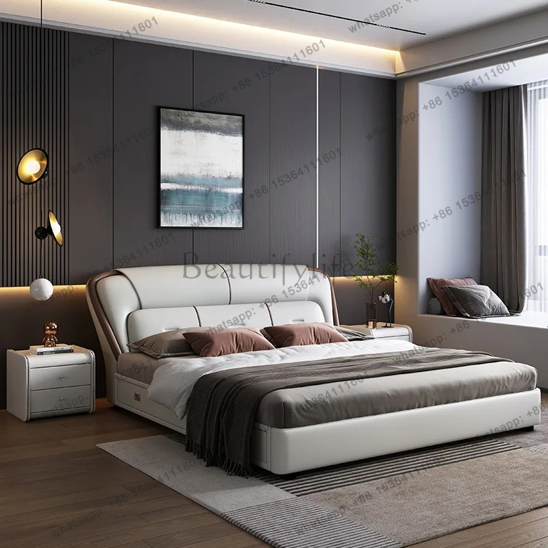 Factory Direct Sales Nordic minimalist leather bed soft bag light luxury flush edge high box storage bed