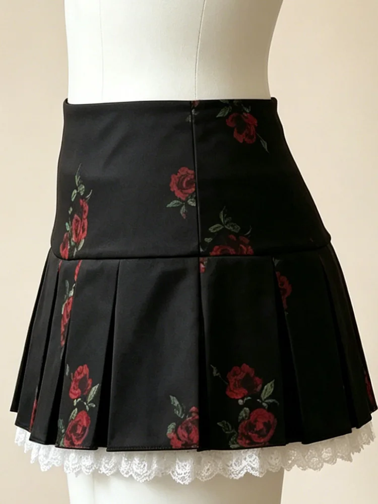 

Women's retro rose lace pleated A-line mini skirt, retro sweet y2k printed short skirt, casual daily street skirt