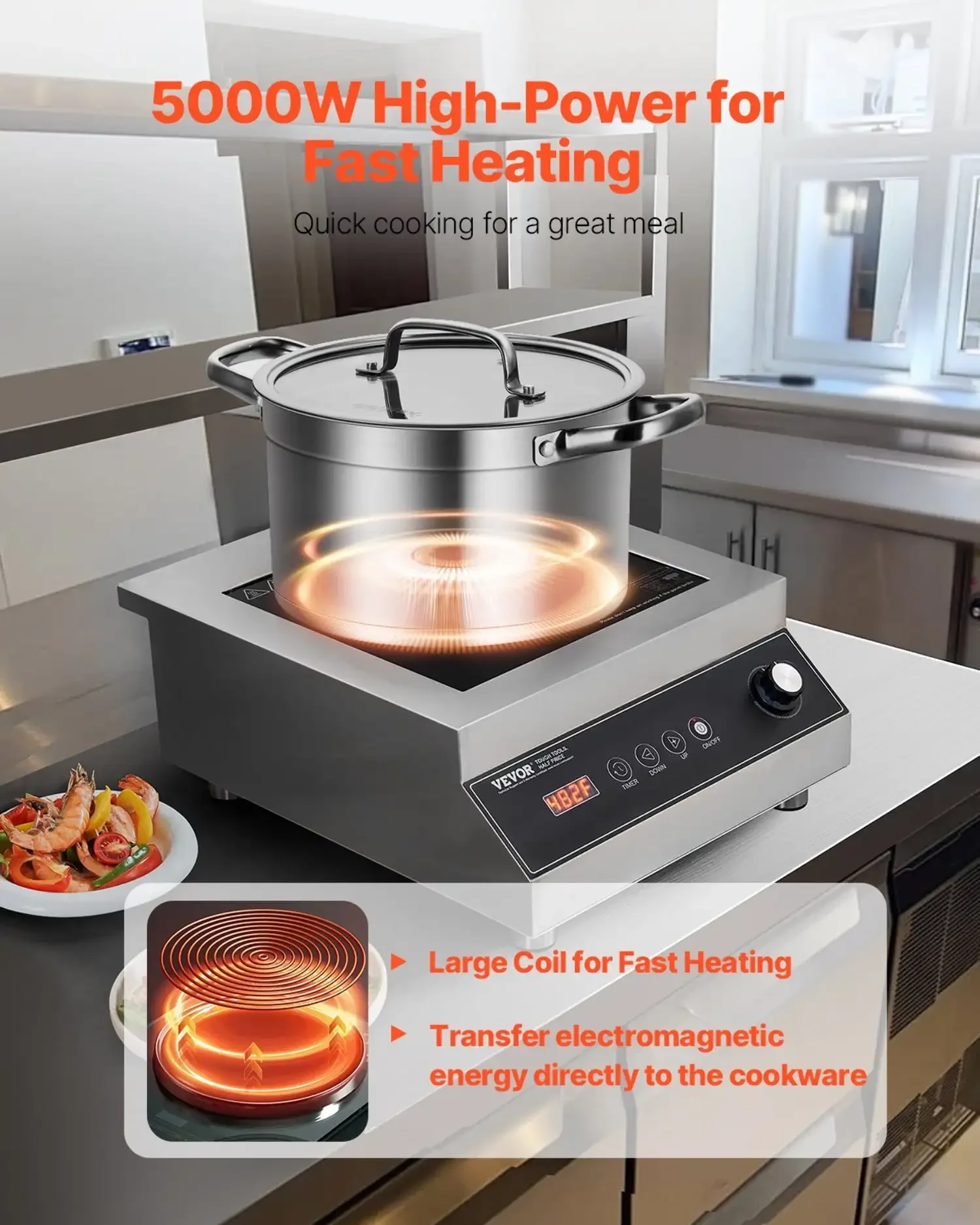 Portable Commercial Induction Cooktop 5000W Countertop Burner 16 Temp Levels