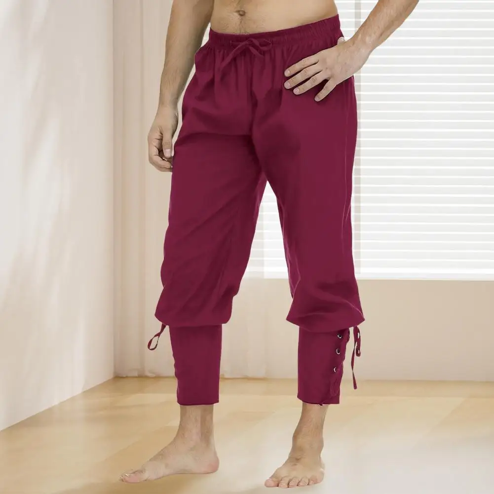

Men Pants Medieval Vikings Pirate Ankle-banded Lace-up Strap Elastic Waist Pleated Cropped Trousers Cosplay Performance Costume