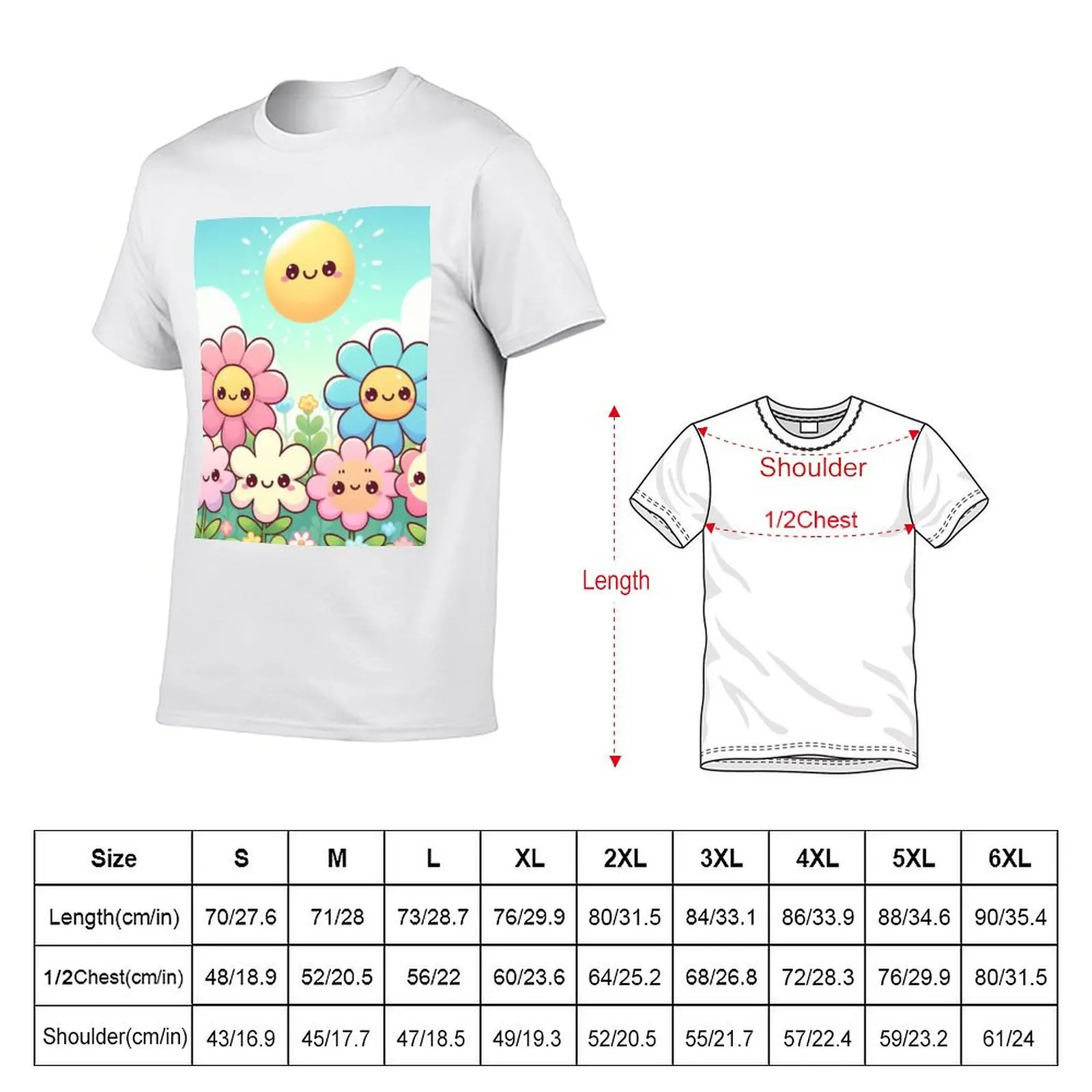 Cute kawaii manga cartoon field flower flowers pink yellow Blue wildflowers T-Shirt Breathable Mesh Panel T-Shirt