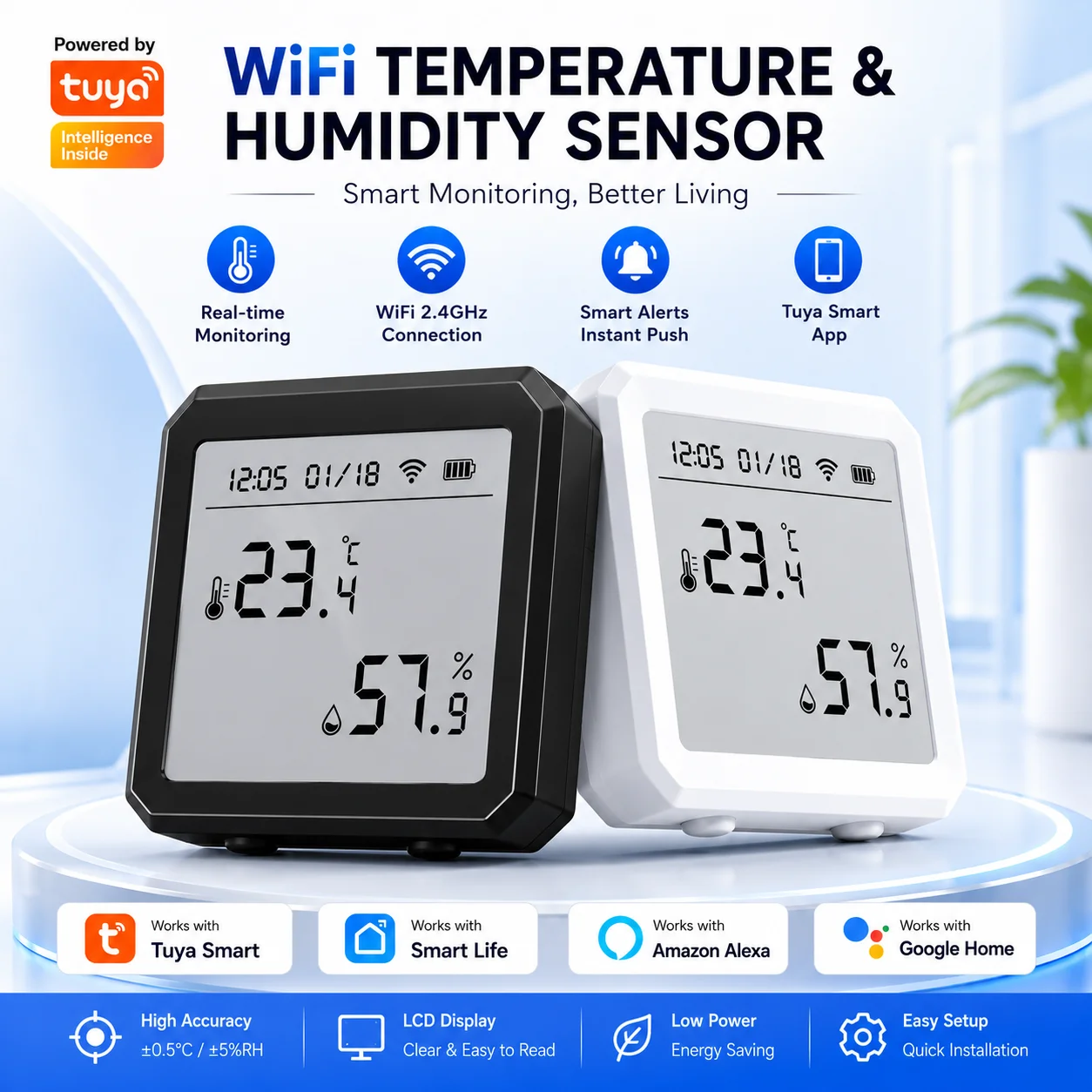 WiFi Digital Thermo-Hygro Sensor Tuya Hygrometer Thermometer with LCD Display Low Battery Warning Alexa Google Voice Compatible