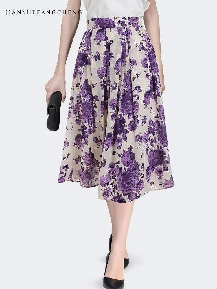 Fashion Purple Floral Print Women' Chiffon Midi Skirt Elastic Waist A-line Pleated Big Swing Casual Office Skirts