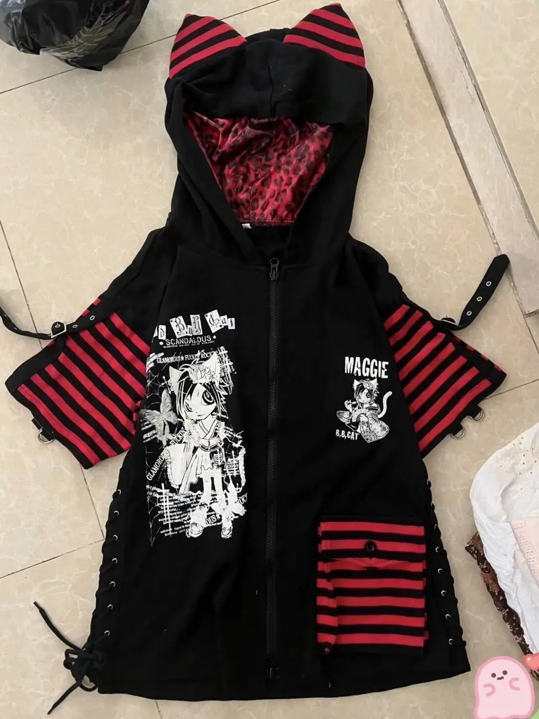 Japanese Dark Gothic Subculture Jacket Women Cartoon Printed Heavy Craft Hooded Shirt Coat Harajuku Y2K Jirai Kei Striped Coat