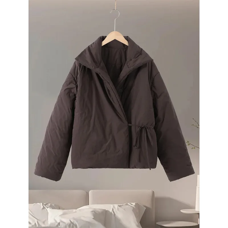 Jaquetas de inverno marrons femininas gola engrossar manga cheia casacos de algodão acolchoados 2025 moda senhora casual quente solto outwear