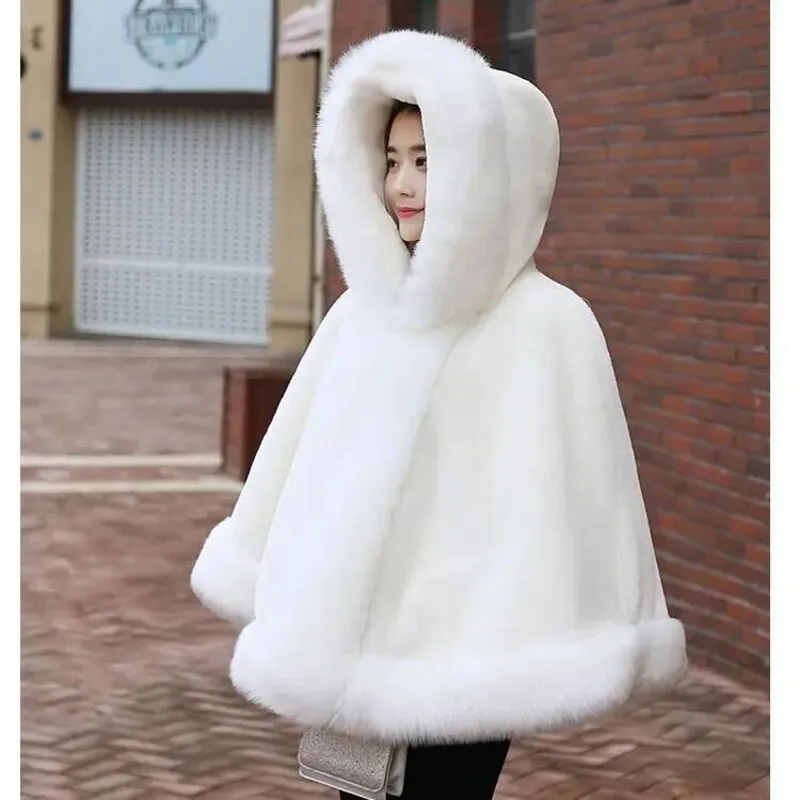 

Women's New Winter Shawl Cape Style Short Haining Faux Fox Fur Thick Hooded Windbreaker Jacket Coats For Women