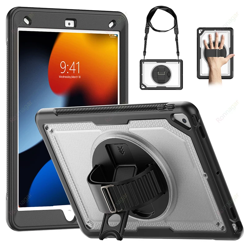 

For iPad 9th/8th/7th Generation Case iPad 10.2 Air4 5 Pro11 M1 M2 Full Body Protective Case 360° Rotatable Handle Shoulder Strap