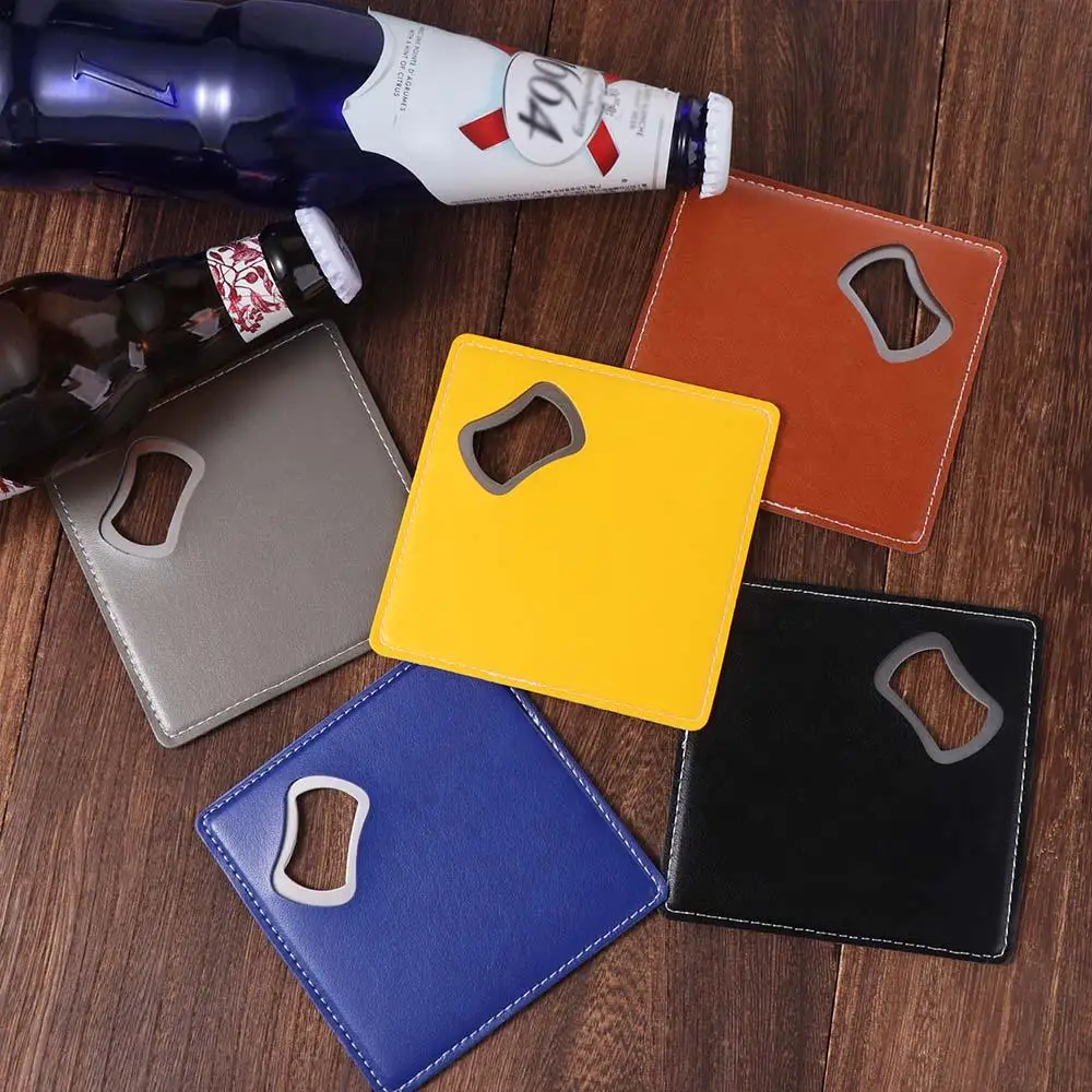 

Bar Supplies PU Leather Cup Mat Solid Color Square Coasters Handheld Vintage Bottle Opener Gift