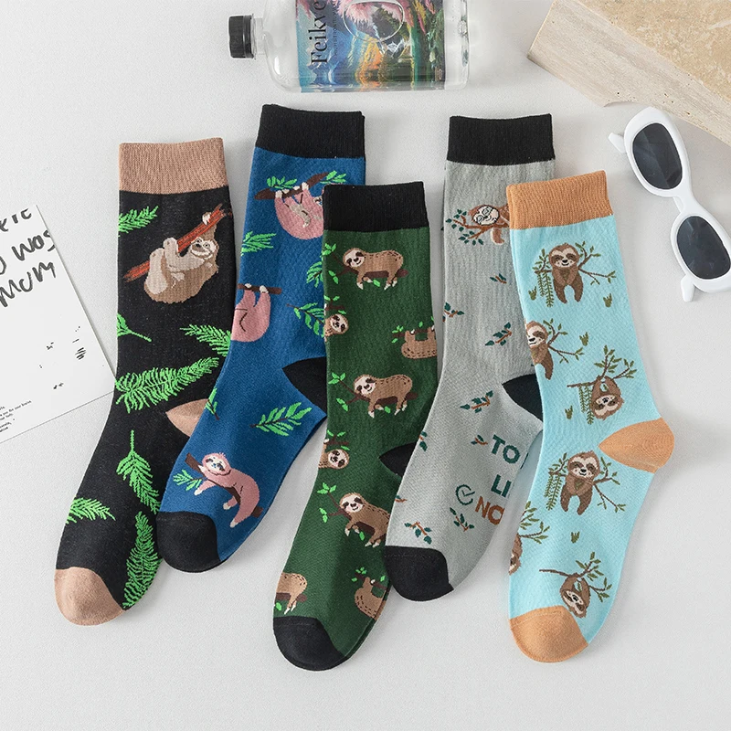 

5 Pairs Women's Cotton Socks Sloth Design Mid Tube Cartoon Fashion Socks for Spring