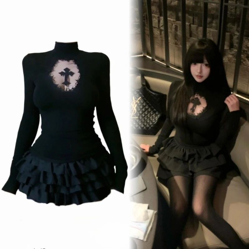 

Turtleneck Gothic Dark Academia Clothes Y2k Cross Hollow Out Top for Women 2025 New Slim Fit Fashion Bottoming T-shirt