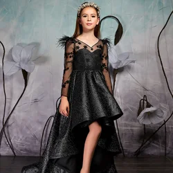 Feathers Flower Girls Dress Simple Appliques A-Line High Low Church Trail Pageant Gown Full Sleeves Ruffles Birthday Party