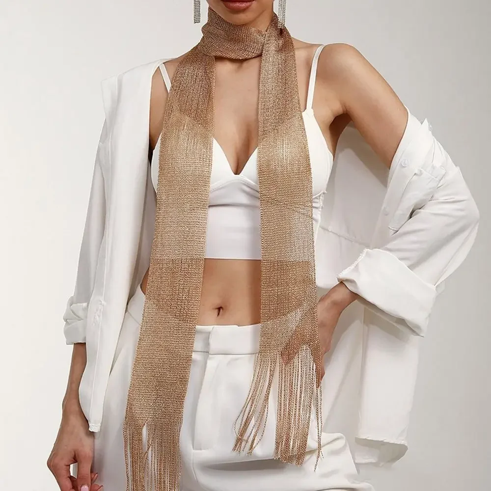 Модный кружевной шарф с кисточками, тонкий длинный блестящий яркий шелковый солнцезащитный платок, блестящее кружевное ожерелье для женщин, вечернее платье, шарф