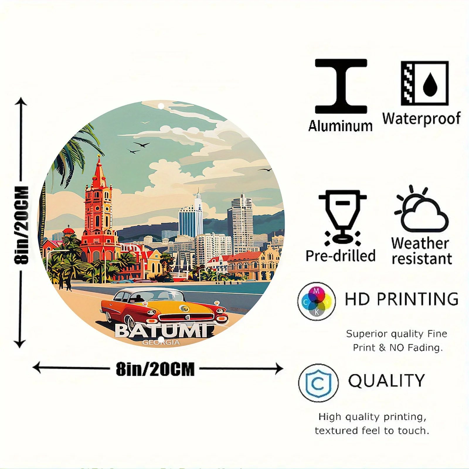 1pc Batumi Georgia Themed Aluminum Metal Wall Art - 8x8 Circular Cityscape Sign with Vintage Car & Landscape - Waterproof, UV,