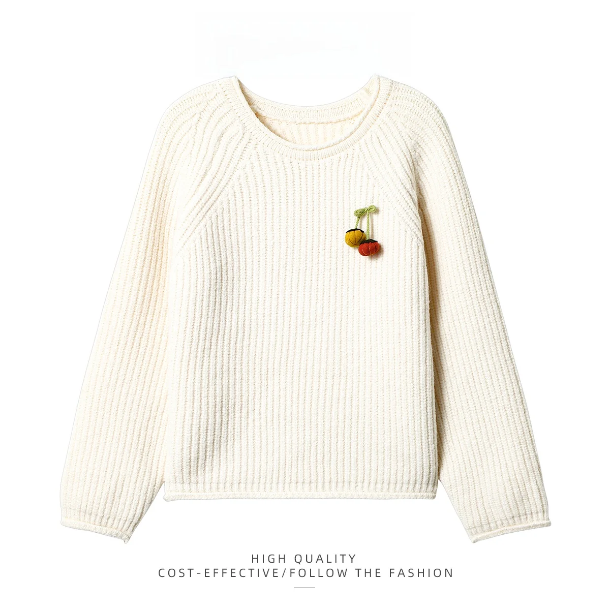 

Sweet Cherry Embroidery round Ne Pullover Sweater Women's Loose Slimming Knitted Top Inner Wear Autumn Winter Faion