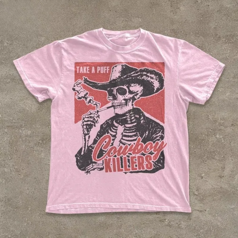 Skeleton Smoking Cowboy Killer T-shirt Fun Skull Pattern Retro Western Punk Style T-shirt Neutral Street Wear T-shirt