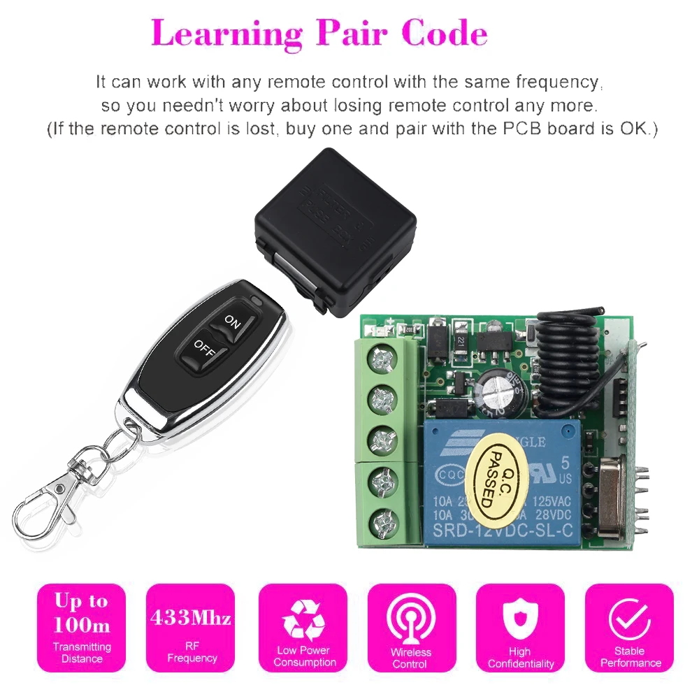 LED 문짝 전자기 잠금 장치 DIY용 무선 리모컨 스위치 릴레이, DC 12V 1CH 리시버 모듈 RF 송신기, 433Mhz