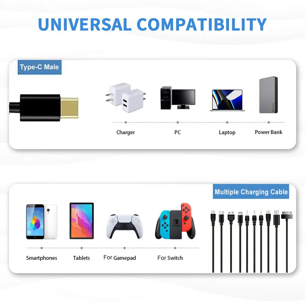 Type-C to 10 in 1 Universal Multiple Charging Cord Charging Cable with 10 Ports for Charging Cell Phones Speaker MP3 MP4 & More