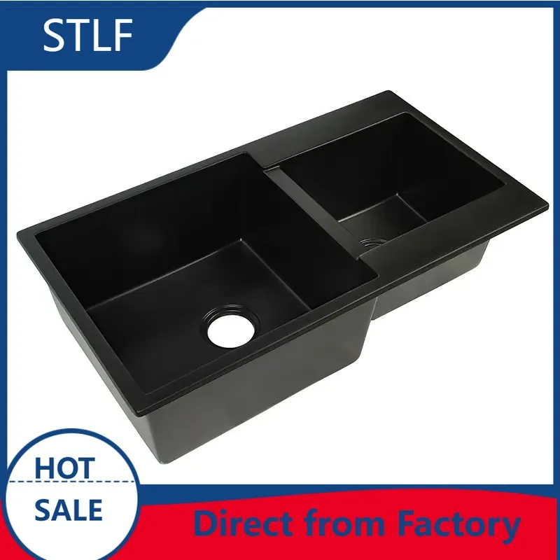 STLF Handmade Large Double Sink Kitchen Sink Quartz Stone Single Bowl with Vegetable Pot Granite Kitchen Sink