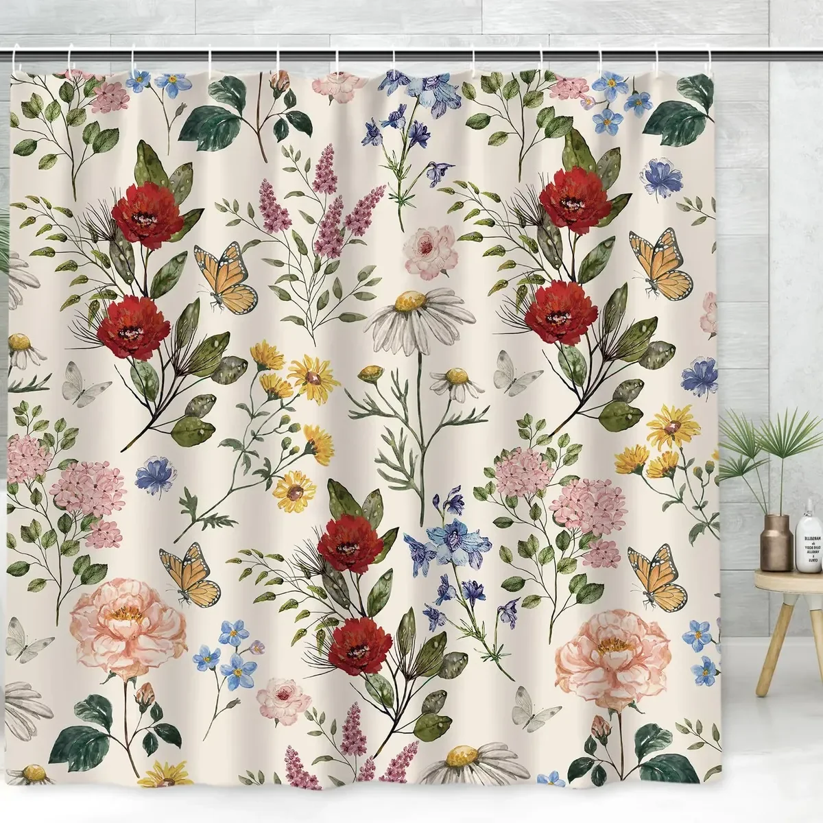 

Vintage Floral Shower Curtain Watercolor Wildflower Butterfly Bathroom Partition Decor Cottagecore Red Rose Fabric Bath Curtains
