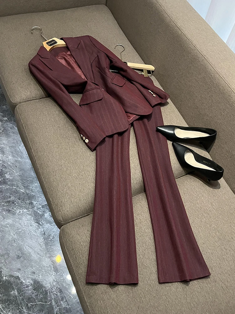 

Red Wine Color Suit Set for Women High End Personali Career Interview Formal Workwear Jaet Long Sve Commute Sle