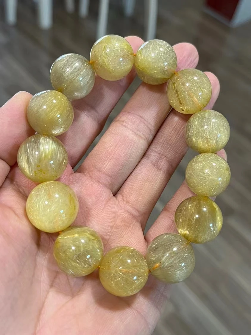 

Natural Gold Rutilated Quartz Round Beads Bracelet Big Size Women Men 17mm Brazil Gold Rutilated Cat Eye Wealthy Stone AAAAAA