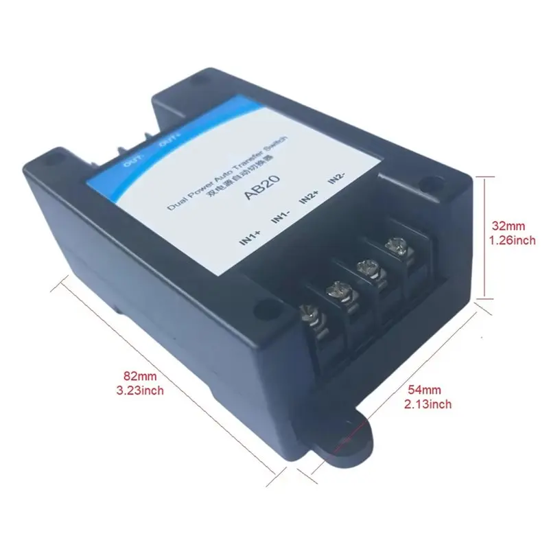 ABQU AB20B Dual Power Auto Transfer Switch ATS DC 5-30V 20A/Channel for Backup Power Solar System RV Marine