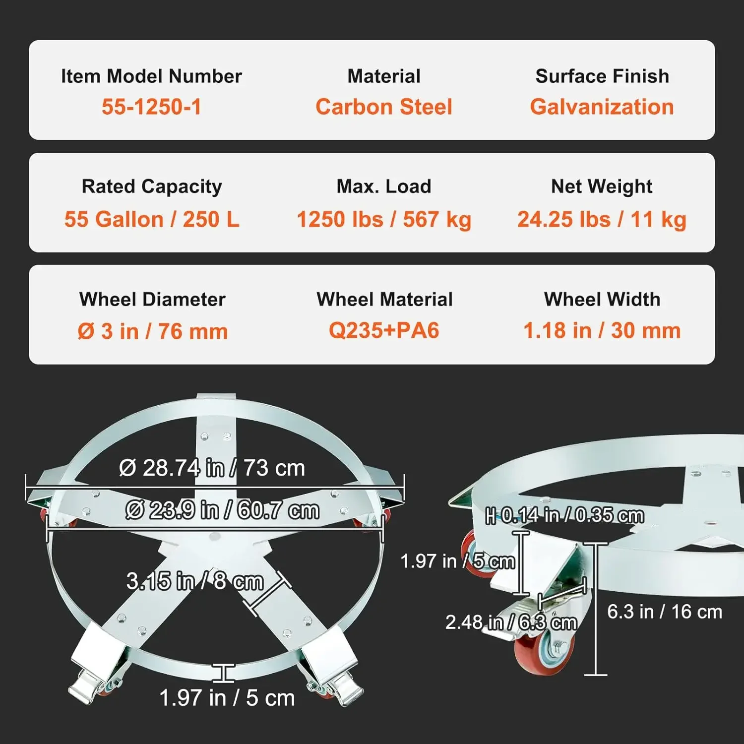 55 Gallon Heavy Duty Drum Dolly, 1250lbs Load Capacity, Barrel Dolly Cart Drum Caddy, Non Tipping Hand Truck Capacity Dollies