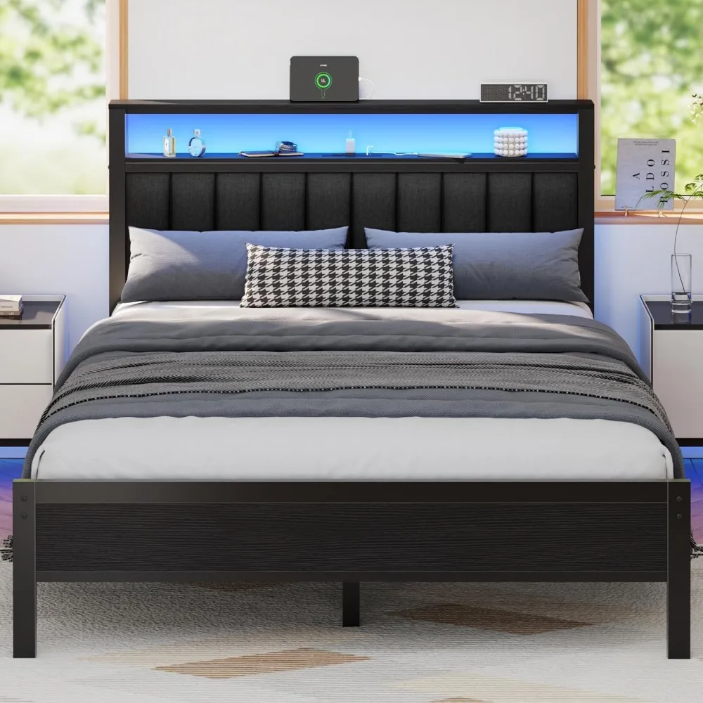 

Furnulem Queen Size Bed Frame with Charging Station and LED Lights, Platform Bed with Metal Slats, Grey Upholstered Headboard wi