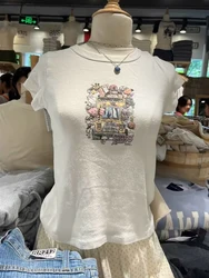 Dinosaur Print Cute T-Shirt Round Neck Short Sleeve Cotton Harajuku Cropped Tees Summer Casual Sweet Chic Y2k Crop Top for Woman