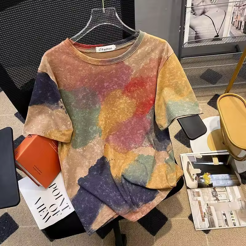 2024 Summer New Colorful Loose Round Neck Tie Dye Contrast Color Camouflage Short Sleeve Casual Women's Clothing T-shirts Tops