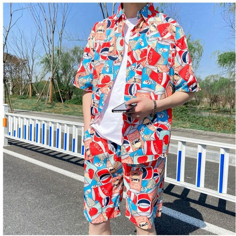 Men's Summer Casual Beach Suit Loose Handsome Short Sleeve Hawaiian Vacation Quick Drying Floral Shirt Shorts Two-piece Set