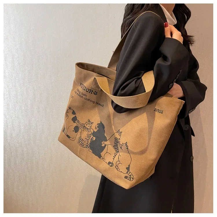 Geräumige Anime-Katzen-Canvas-Tragetasche für Damen mit Schriftzug-Druck, lässige Schultertasche für den Alltag, tragbare Handtasche für Mädchen – Detail 12