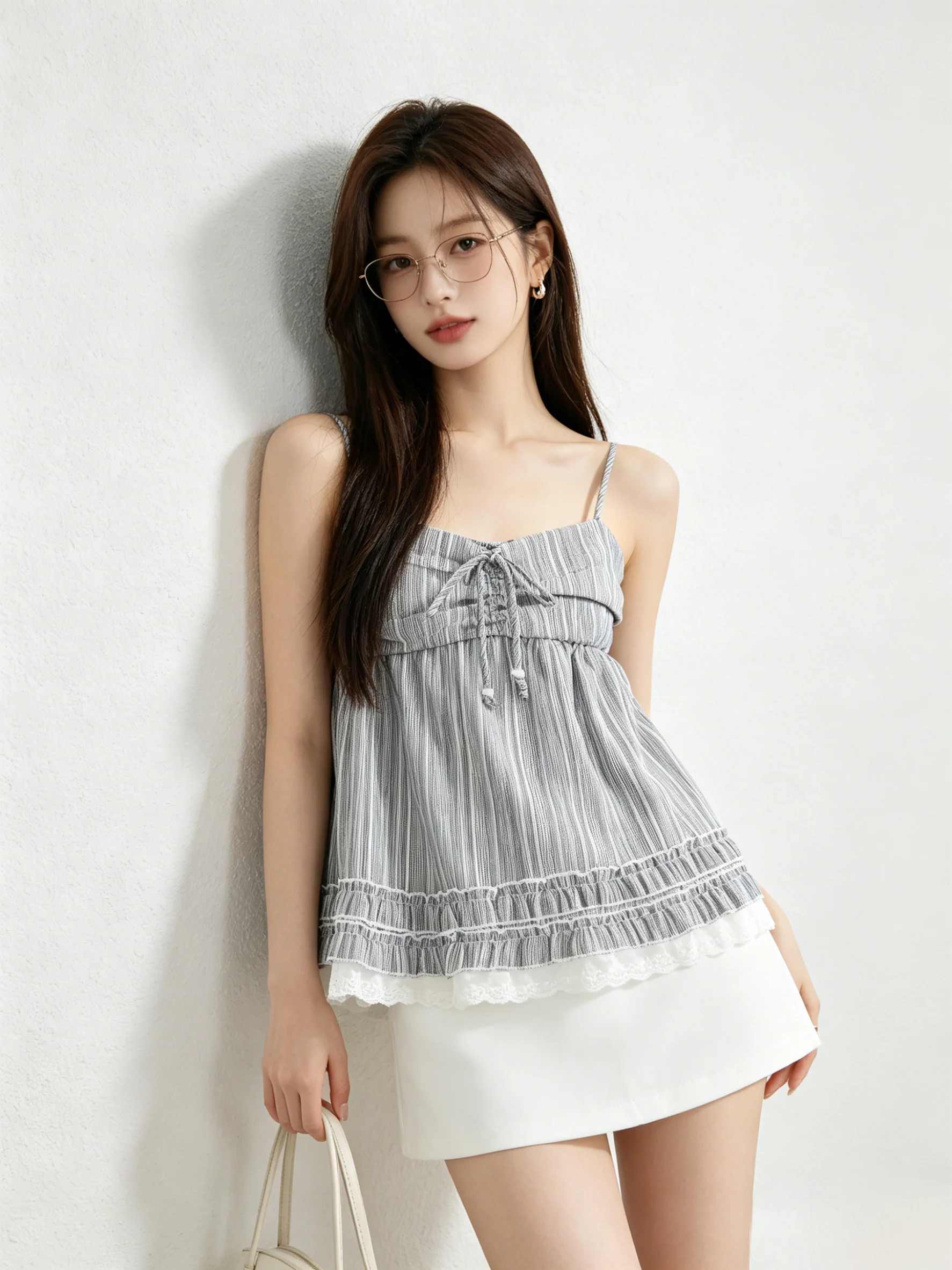 

Korean Style Summer Holiday Stripe Lace Patchwork Wooden Collarless Top Women's Breathable Short Length Casual Vest