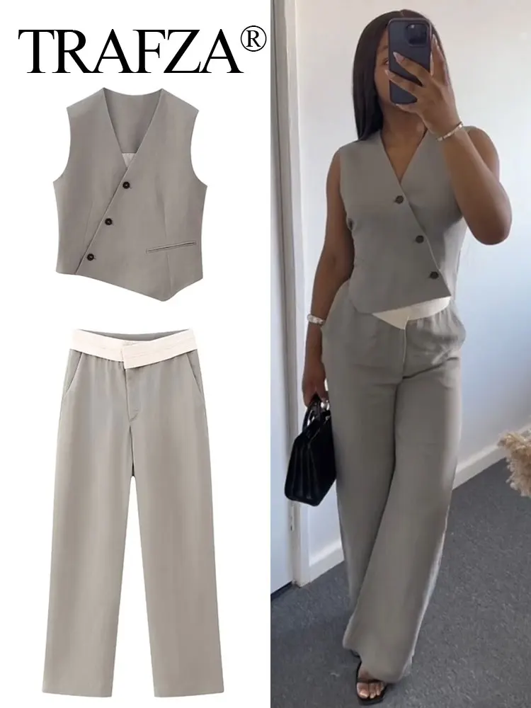 TRAFZA Autumn Female Solid Pants Suit Asymmetric Sleeveless Single Breasted Vest+Casual High Waist Loose Tousers Two  Piece Set