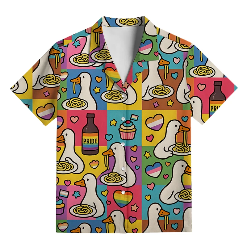 Pop-art Style Matching Family Loungewear Set Featuring A Duck-print Shirt and Straight-leg Trousers with A Heart Motif.