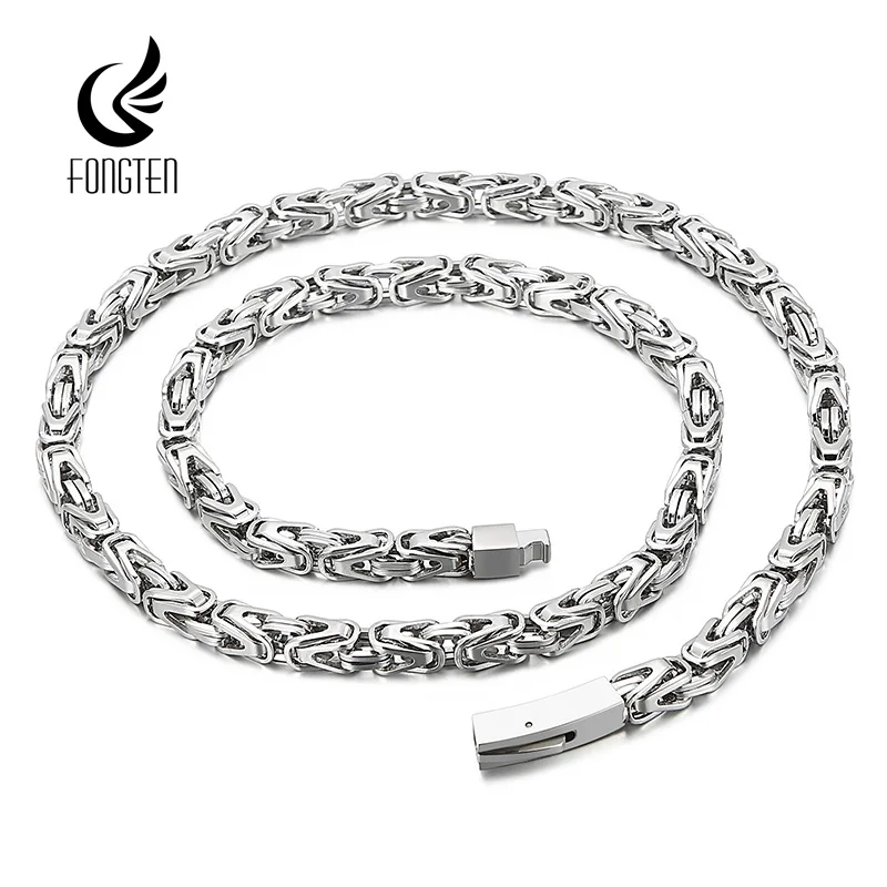 Fongten 65cm Byzantine Chain Necklace for Men Women Stainless Steel Square Chain Collar Choker Necklaces Multiple Color Jewelry