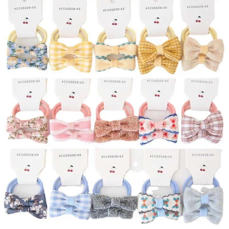 10Pcs/Set Floral Bow Baby Hair Rope Elastic Solid Color Pompom Child Hair Tie For Girls Cartoon Dot Plaid Print Kid Rubber Band